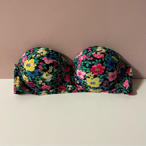Forever 21 Black Floral Print Swimsuit Top Size M EUC - Picture 1 of 8